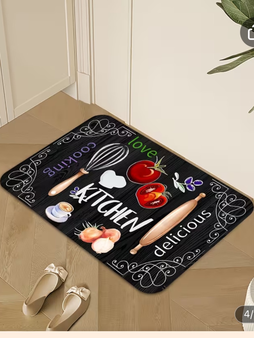 New Anti-Skid Black Kitchen Mat with Tomato & Utensil Print